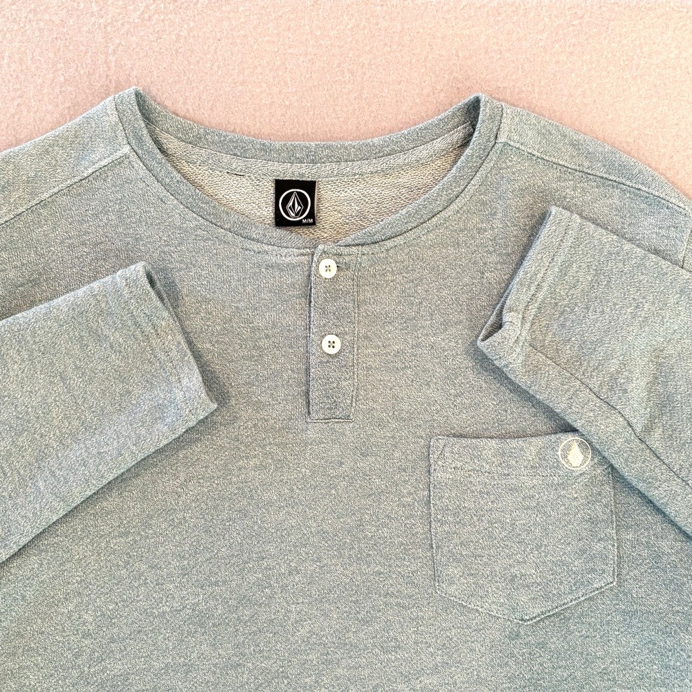 Volcom Mens Medium Long Sleeve Henley Shirt Blue/Aqua Heather Cotton Poly Casual